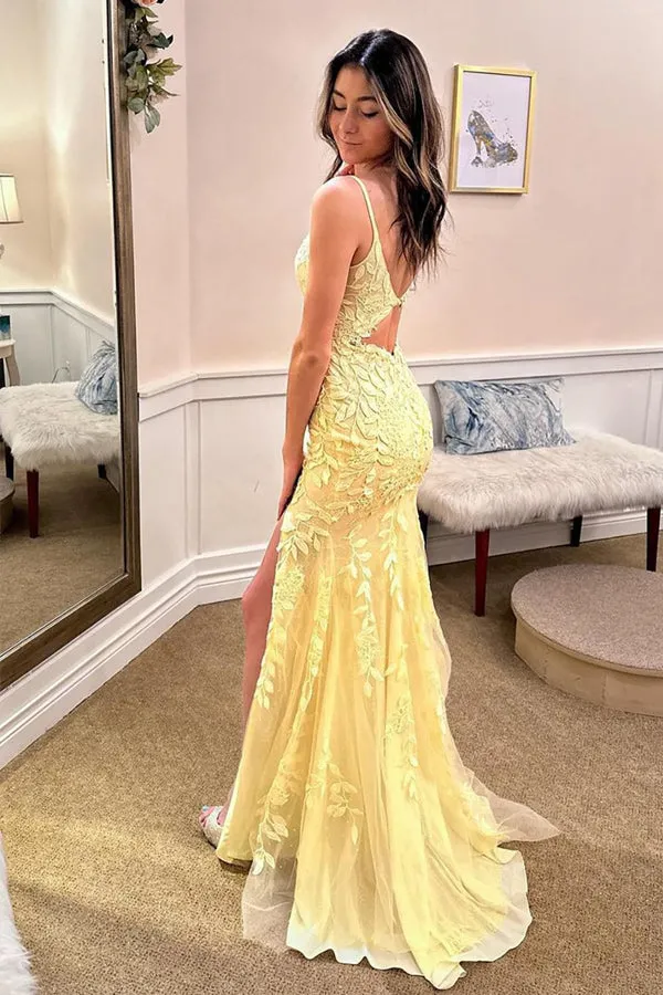 Mermaid Spaghetti Straps Yellow Long Prom Dress with Appliques TP1304