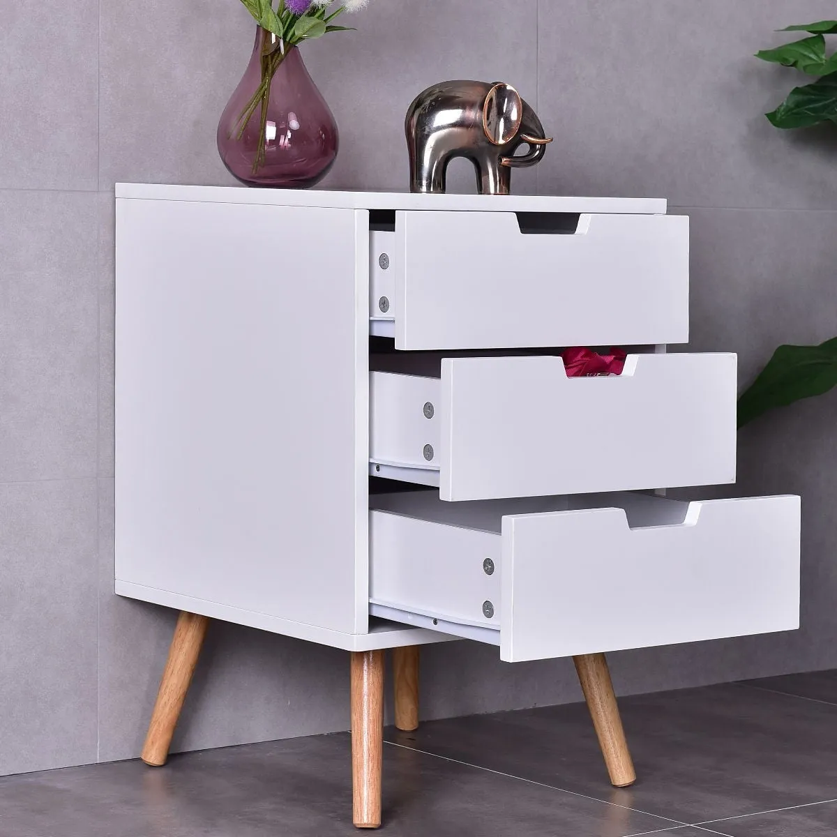 Modern Mid-Century Style 3-Drawer White Wood End Table Nightstand