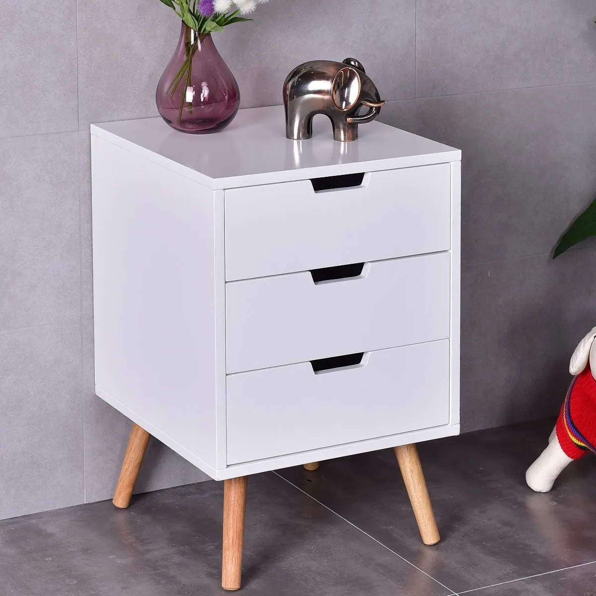 Modern Mid-Century Style 3-Drawer White Wood End Table Nightstand