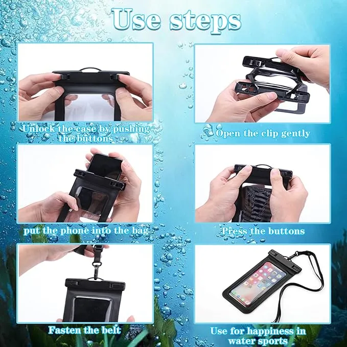 New Universal IPX8 Waterproof Anti Sinking Phone Case Water Proof Bag With Lanyard Fits All Phones Up To 7.5in, also can be used as dry bag for keys, cash, cards etc! Great for Protection & taking underwater pics! Black