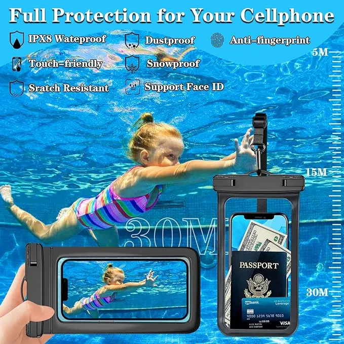 New Universal IPX8 Waterproof Anti Sinking Phone Case Water Proof Bag With Lanyard Fits All Phones Up To 7.5in, also can be used as dry bag for keys, cash, cards etc! Great for Protection & taking underwater pics! Black