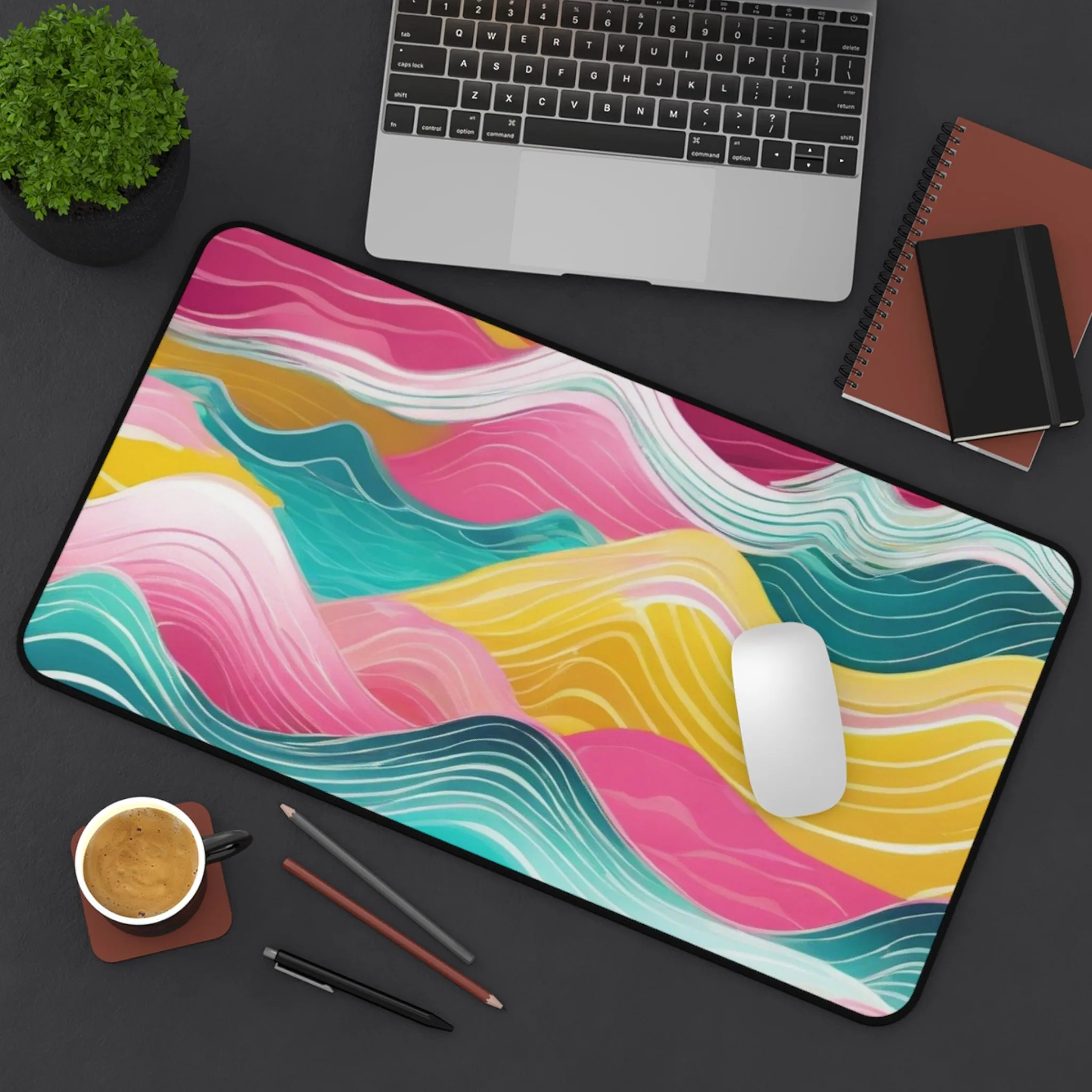 Pink Teal Ocean Waves Desk Mat