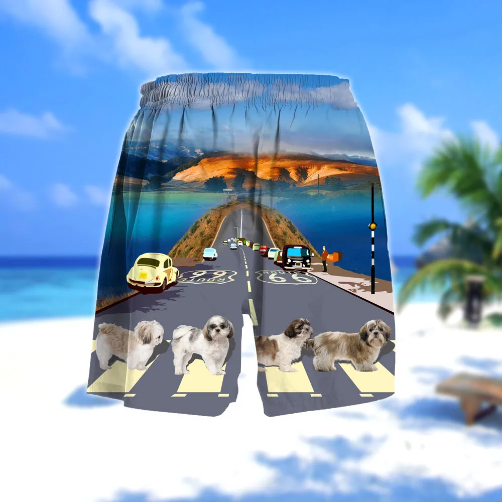 Shih tzu Cross the road- Men Hawaii Beach Shorts