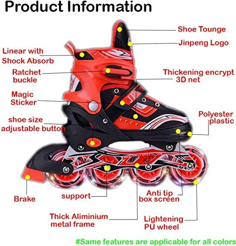 Toy Arena Adjustable Size Inline Skates with LED Flash Light On Wheels for Kids (Age 10 to16 Years) (Color May Vary)