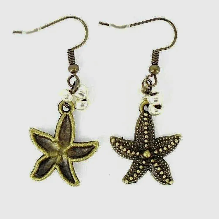Vintage Starfish Earrings with Gold/Silver & Silver Glass Beads – Ocean-Inspired Charm