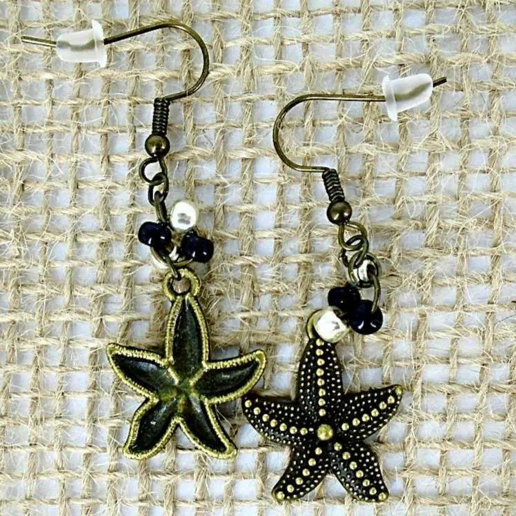 Vintage Starfish Earrings with Gold/Silver & Silver Glass Beads – Ocean-Inspired Charm