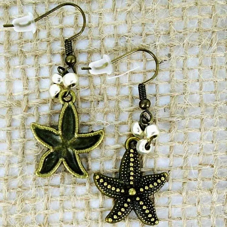 Vintage Starfish Earrings with Gold/Silver & Silver Glass Beads – Ocean-Inspired Charm