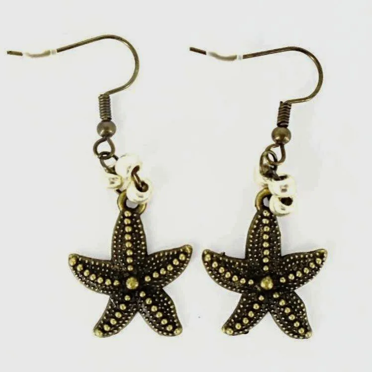 Vintage Starfish Earrings with Gold/Silver & Silver Glass Beads – Ocean-Inspired Charm