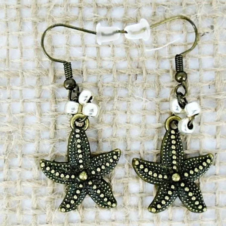 Vintage Starfish Earrings with Gold/Silver & Silver Glass Beads – Ocean-Inspired Charm