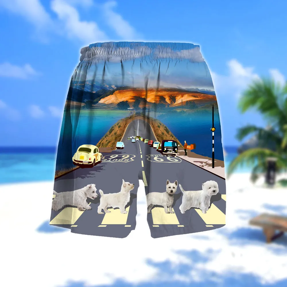 West highland white terrier Cross the road- Men Hawaii Beach Shorts