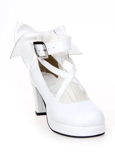 White Chunky High Heels Lolita Shoes Ankle Strap Bow Decor
