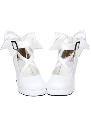 White Chunky High Heels Lolita Shoes Ankle Strap Bow Decor