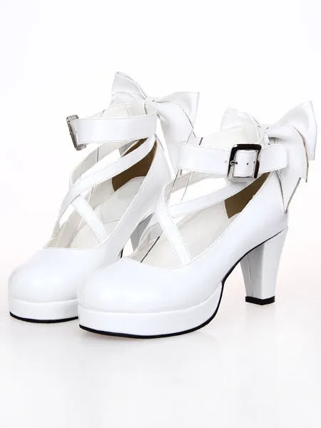 White Chunky High Heels Lolita Shoes Ankle Strap Bow Decor