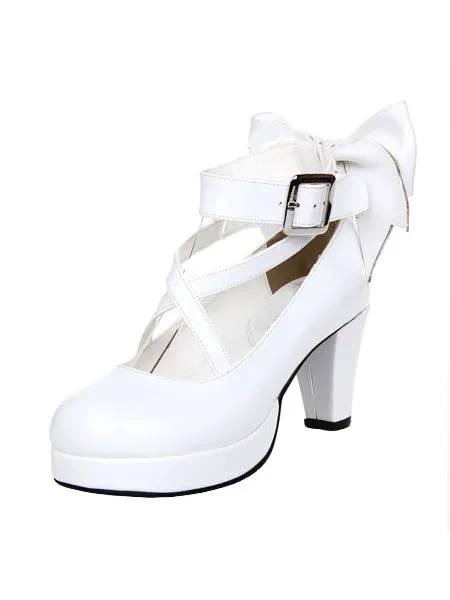 White Chunky High Heels Lolita Shoes Ankle Strap Bow Decor