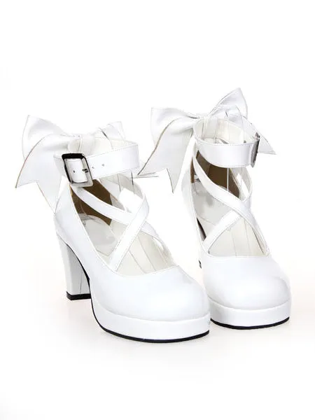 White Chunky High Heels Lolita Shoes Ankle Strap Bow Decor