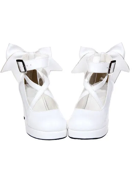 White Chunky High Heels Lolita Shoes Ankle Strap Bow Decor