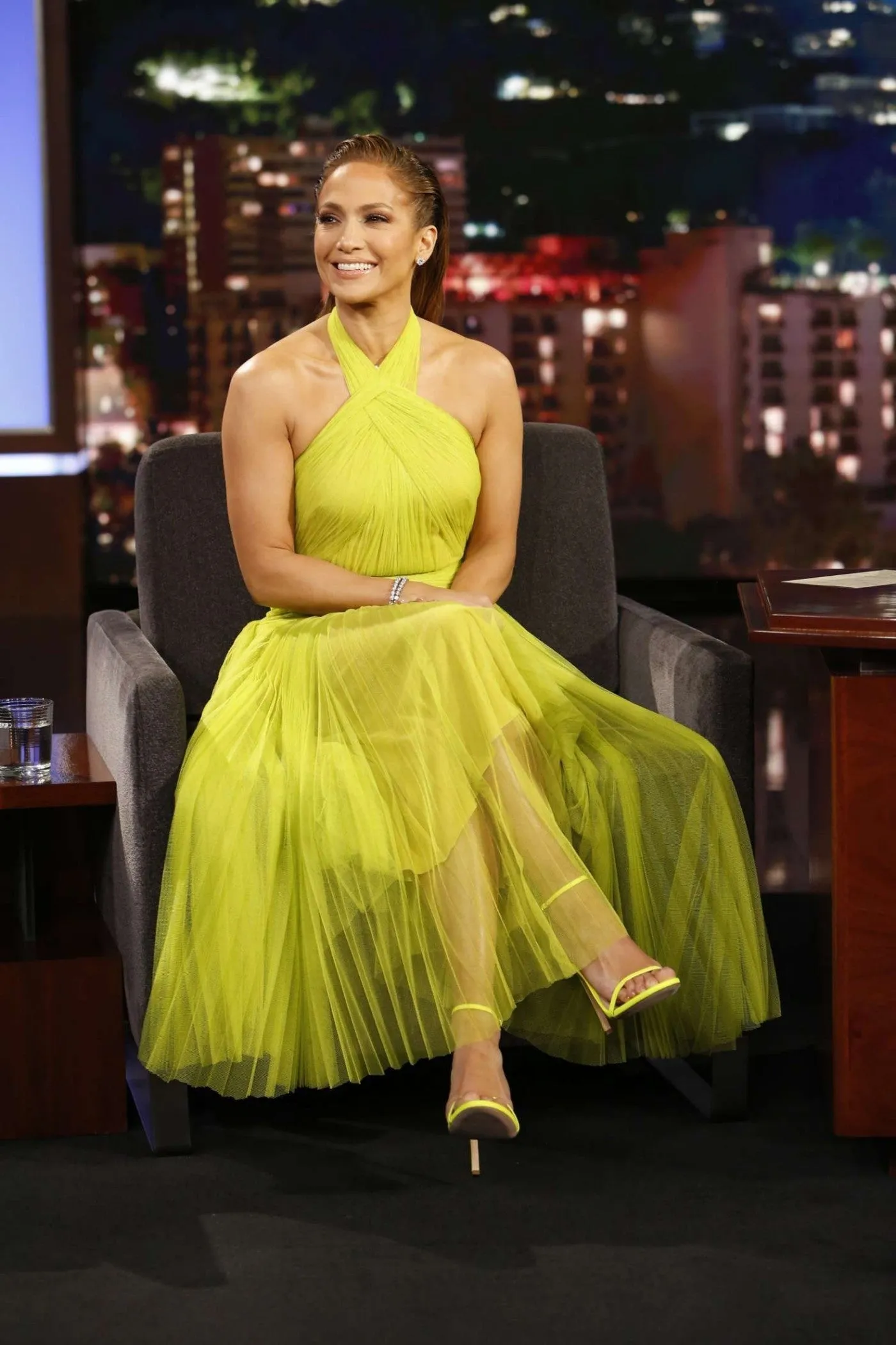 Yellow Jennifer Lopez (JLo) Halter Dress Ruched Prom Celebrity Dress Jimmy Kimmel Live